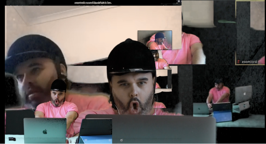 A fragmented digital collage of a man in a pink shirt and black cap using multiple laptops, with distorted Zoom windows.